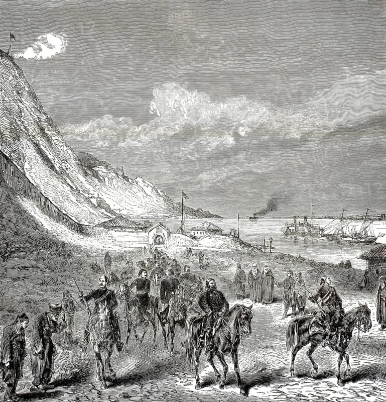 Turkish officers inspecting the fortress of Nicopolis, a key pillar of the Ottoman defensive line on the southern bank of the Danube. Russo-Ottoman War (1877–1878), illustration, reproduction of a 19th-century original. Authentic, file restored for optimal use, exact date of the original unknown, historical