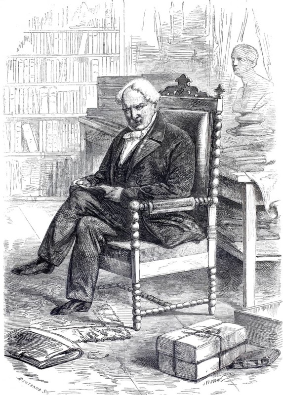 A historical portrait of the famous German naturalist and explorer Alexander von Humboldt (1769–1859), drawn by the French artist Jules Worms. The engraving depicts Humboldt in his later years, seated in his study or library. He is surrounded by books, manuscripts and a bust in the background, symbolising his immense life's work and his scientific erudition, an authentic, high-resolution reproduction of a 19th-century original, exact date of the depiction unknown, historical