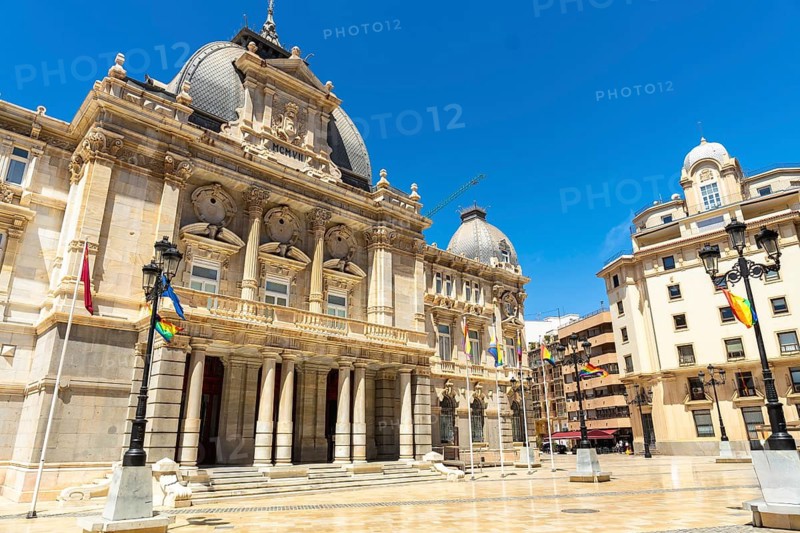 Palacio consistorial. An iconic modernist landmark in cartagena. Spain. Proudly displaying lgbtq rainbow flags. Symbolizing diversity. Inclusion. Freedom
