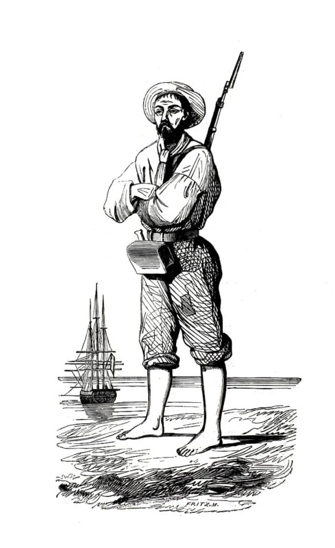 French expedition sailors of the 18th and 19th century often took off their heavy uniforms during long stays on land in the South Seas. They wore simple linen pants and straw hats barefoot, here in Tahiti, illustration, reproduction from a model from the 19th century. Authentic, file restored for optimal use, exact date of submission unknown, historical