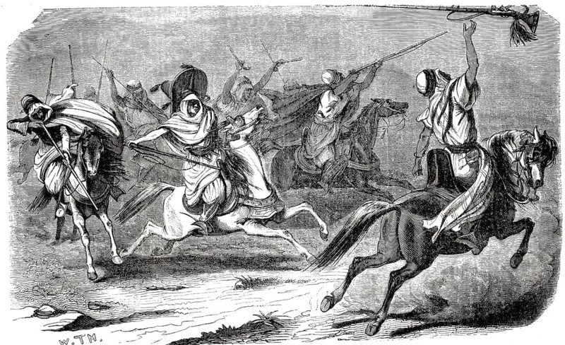 19th century illustration depicts the Moroccan Fantasia tradition known as Tbourida. Scene depicts stylized cavalry attacks that serve as a celebration of regional history, Morocco, illustration, reproduction from a 19th-century model. Authentic, file restored for optimal use, exact date of submission unknown, historical
