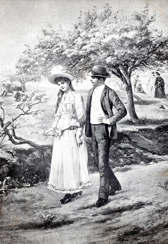 Spring awakening, young couple walking under blooming trees, authentic, digitally restored reproduction from a 19th century original, exact date of depiction unknown, historical, A couple strolling through a spring landscape with blooming trees