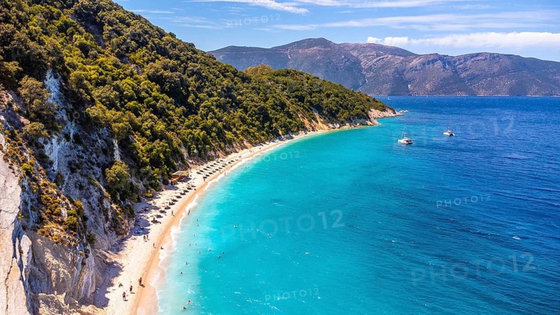 Aerial view of the paradise beach of Gidaki on the island of Ithaki or Ithaca in the Ionian sea in the Mediterranean sea of Greece
