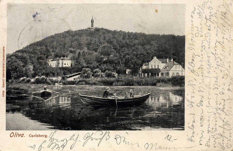 Historical view of Oliva, now Oliwa, a district of Gdansk, with a view of Carlsberg, today Pacholek, and its observation tower, Poland, authentic reproduction of an old postcard, around 1910, historical, exact date unknown