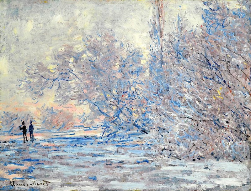 Claude Monet (b. 14 November 1840 in Paris as Oscar-Claude Monet, d. 5 December 1926) important French painter, Impressionist style. Here is his work, Frost at Giverny (1885), Frost at Giverny, Snow-covered landscape with blue trees in the evening light