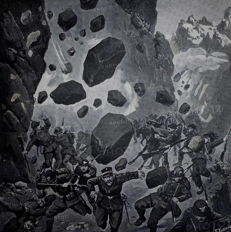 1st World War, From the battles in Tyrol, the Austro-Hungarian army uses rock avalanches as defence against the Italian troops (original text from 1915, original colouring), Illustration, Reproduction from a 19th century original. Authentic, file restored for optimal use, exact date of original unknown, Historical, Soldiers escaping a rockfall in the mountains. The situation is chaotic and full of danger