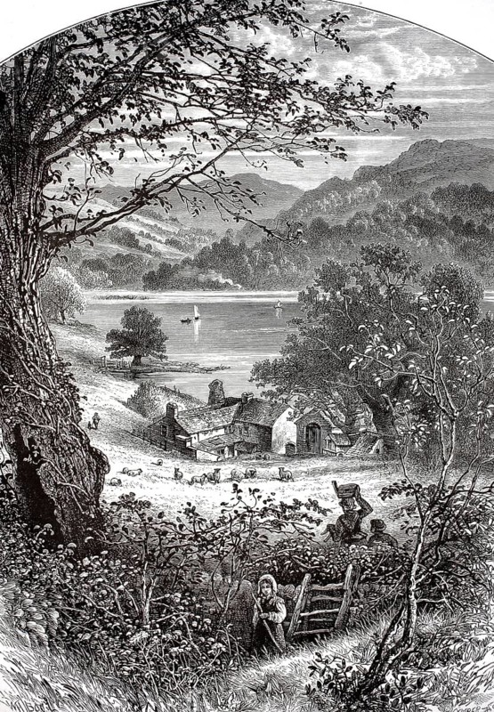 Nab Cottage is a historic property dating from 1702 on the shores of Rydal Water in the English Lake District (Cumbria) . Known as the former home of poets such as Hartley Coleridge, England, illustration, reproduction from a 19th-century original. Authentic, file restored for optimal use, exact date of the original unknown, historical