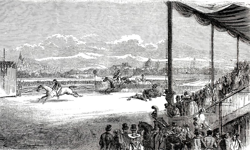 19th century engraving depicts a horse race, steeplechase, in Cascine Park in Florence, in which a horse falls in the center while the leading riders jump over the barriers, Italy, illustration, reproduction from a 19th-century template. Authentic, file restored for optimal use, exact date of submission unknown, historical