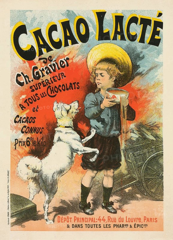 Advertising poster, beverage advertisement, advertising poster for Cacao Lacte, around 1896, designed by French artist Lucien Lefèvre. The color lithograph shows a boy holding a cup of cocoa while a dog stands next to it, authentic reproduction of a historical advertising poster, advertising sign, in high resolution
