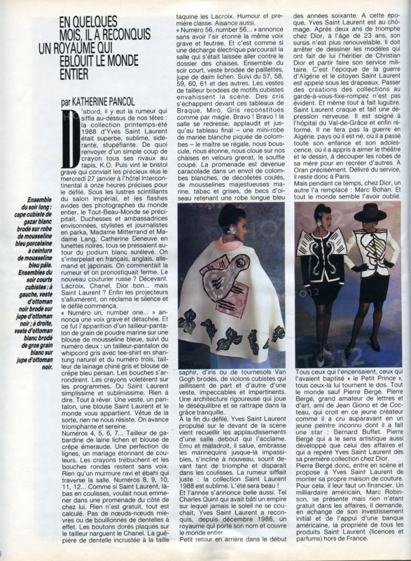 Article paru dans Paris Match du 12 février 1988 au sujet de la collection YSL inspirée des oeuvres de Braque