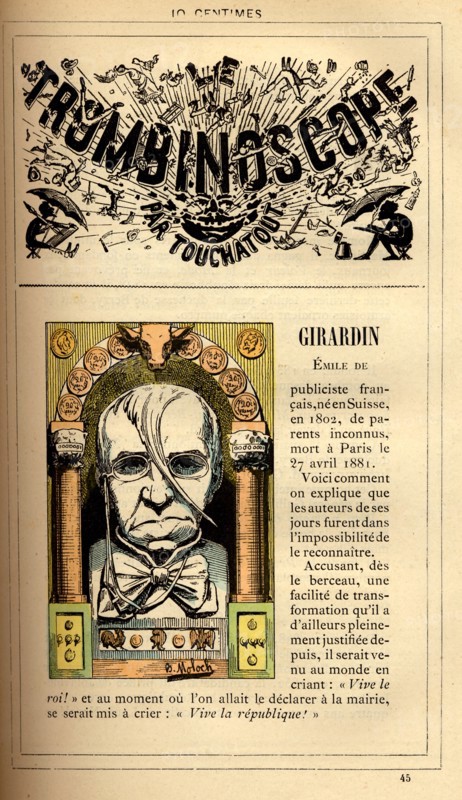 Caricature d'Emile de Girardin, in : "Le Trombinoscope"