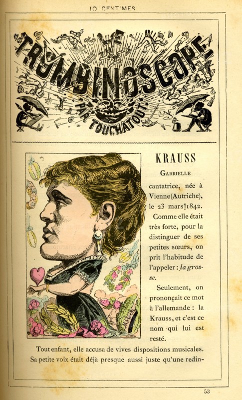 Caricature of Gabrielle Krauss, in : "Le Trombinoscope"