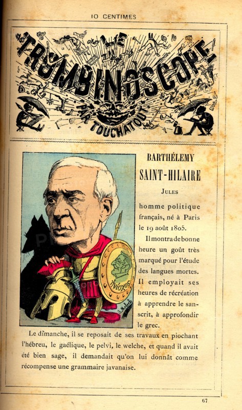 Caricature of Jules Barthélémy Saint-Hilaire, in : "Le Trombinoscope"