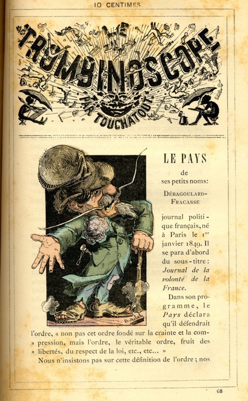 Caricature sur le journal "Le pays", in : "Le Trombinoscope"
