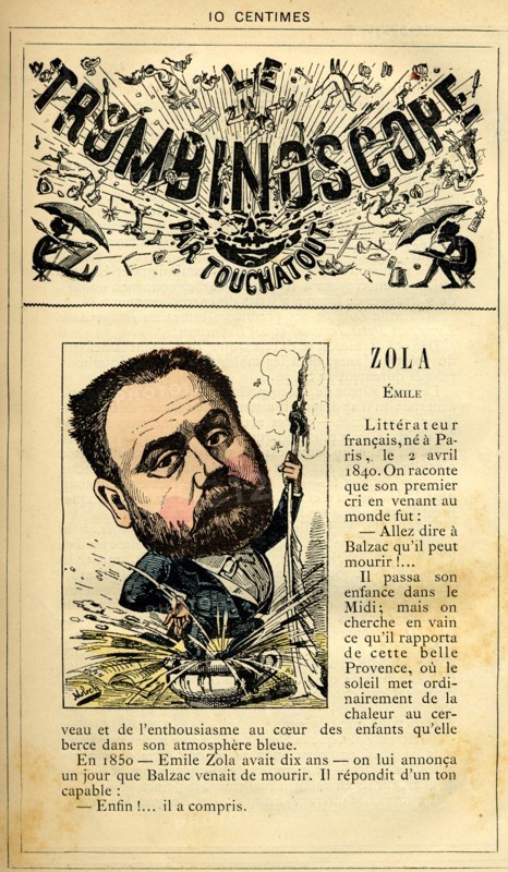 Caricature d'Emile Zola, in : "Le Trombinoscope"