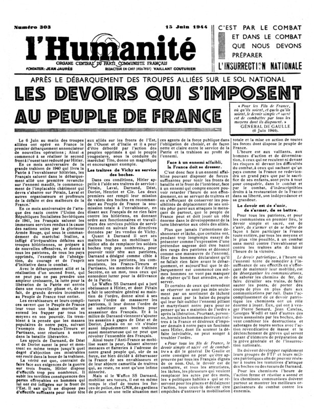 Une du journal "L'Humanité" après le débarquement allié