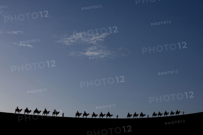 A Group of People Riding Camels in the Desert