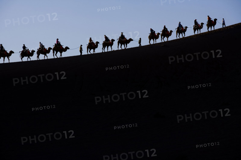 A Group of People Riding Camels in the Desert