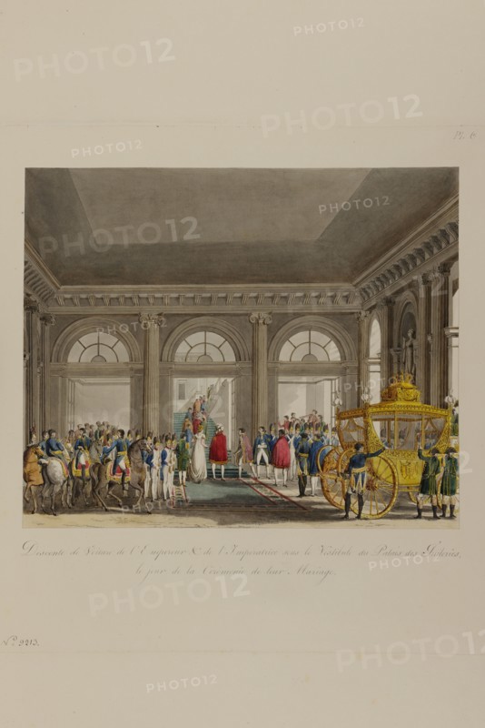 Descente de voiture de Napoléon 1er et Marie-Louise d'Autriche  sous le vestibule de Palais des Tuileries, le jour de la cérémonie de leur mariage (2 avril 1810)