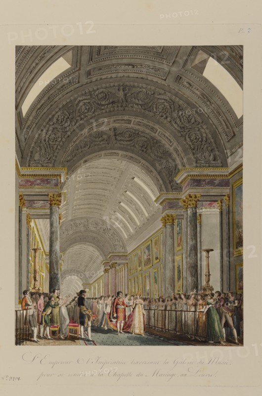 Napoléon 1er et Marie-Louise d'Autriche traversant la Galerie du Musée pour se rendre à la chapelle du mariage au Louvre (2 avril 1810)
