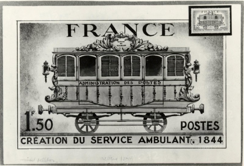 Stamp illustrating the creation of an ambulatory department of the French Postal Administration in 1844