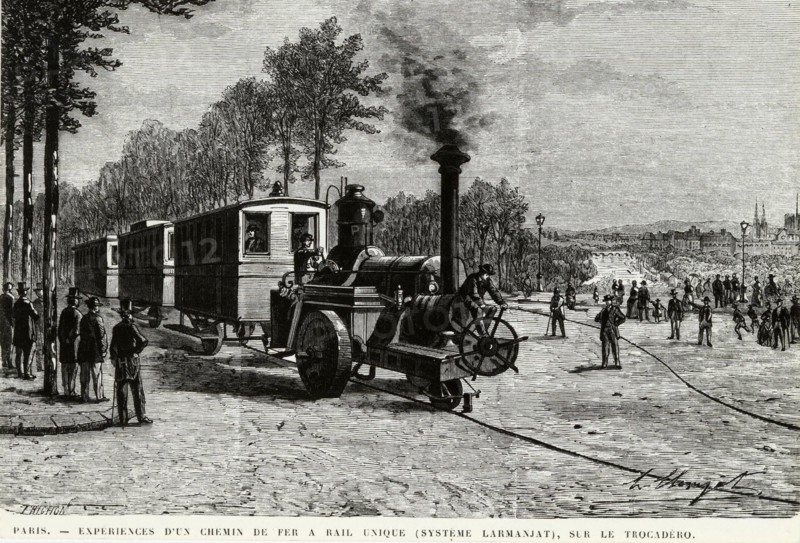 Expériences d'un chemin de fer à rail unique, le système Larmanjat, sur le Trocadéro