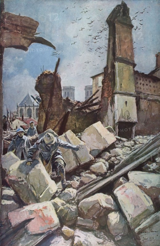 François Flameng, soldats sur les remparts en ruine de Verdun
