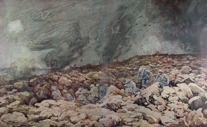 World War I. Soldiers progressing under a barrage fire