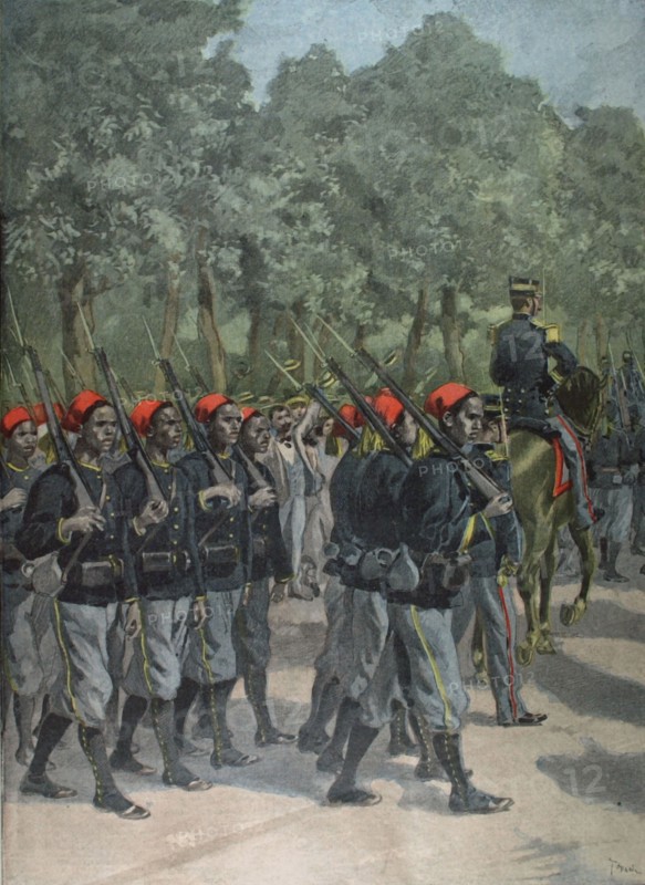 In Paris, parade of the Senegalese infantrymen of the Marchand mission, in "Le Petit Journal" dated July 23, 1899