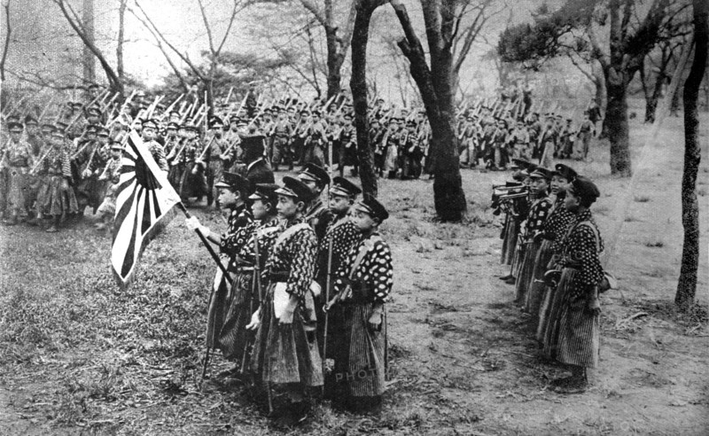 Japanese schoolboys practice marching in ranks (1919)