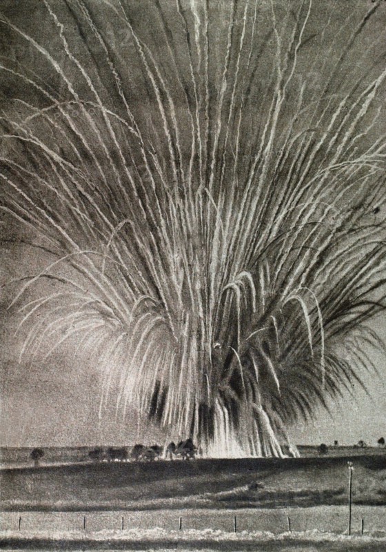 World War I. Explosion of incendiary grenades photographed from a distance of 200 meters (1918)