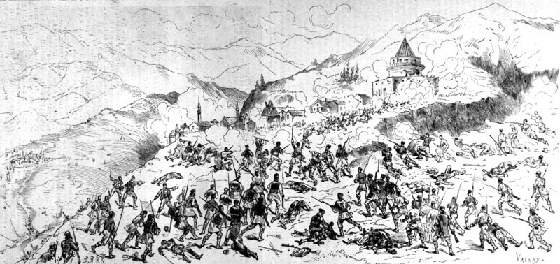 Insurgents of Herzegovina driving back the Turks in the Niksik blockaus. In "Le Monde Illustré", 1876