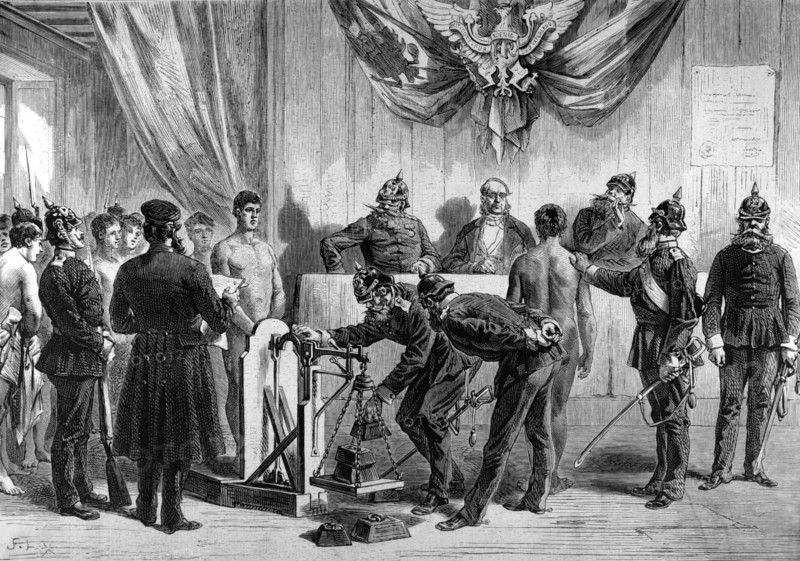 In Alsace-Lorraine, occupied by Germany, the Mulhouse draft board. In "Le Monde illustré", 1874
