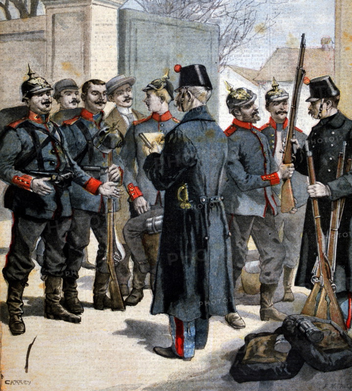 A squad of Alsaciens, dragooned in Germany, desert. In "Le Petit Journal", 3-8-1896