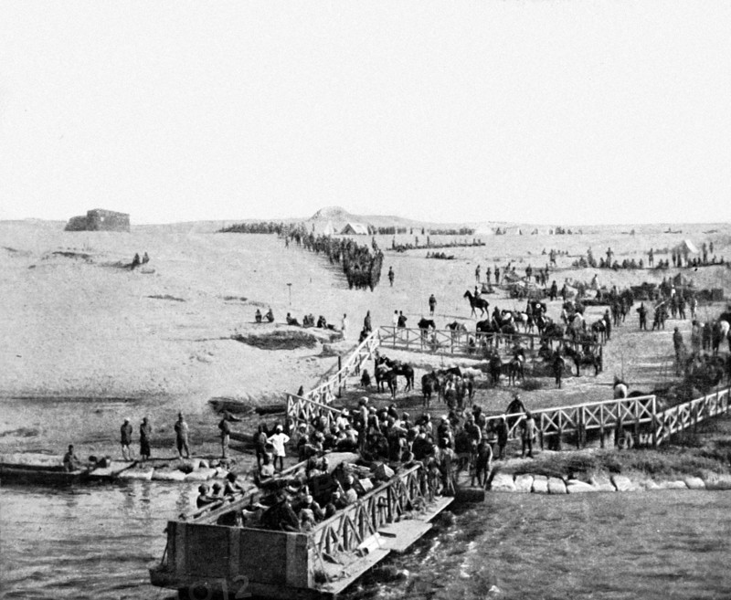 Indian troops landing on the Asian bank of the Suez Canal.