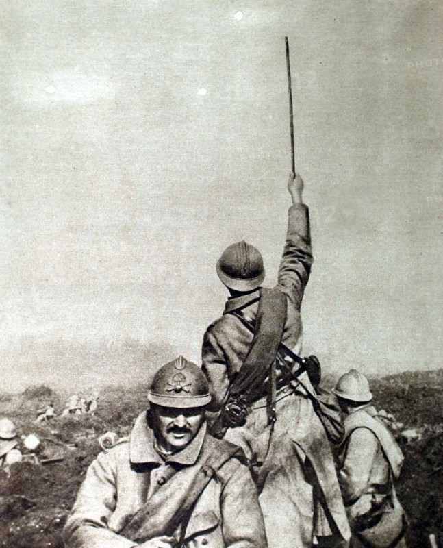 Soldiers going out of a trench, 1916