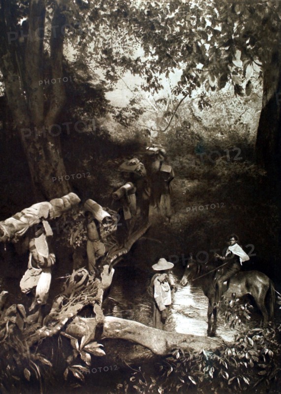 In Africa, porters crossing a river on a bridge of branches, on the edge of the French Congo (1920)