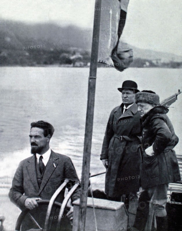 Mussolini and d'Annunzio taking a boat ride on Lake Garda (1925)