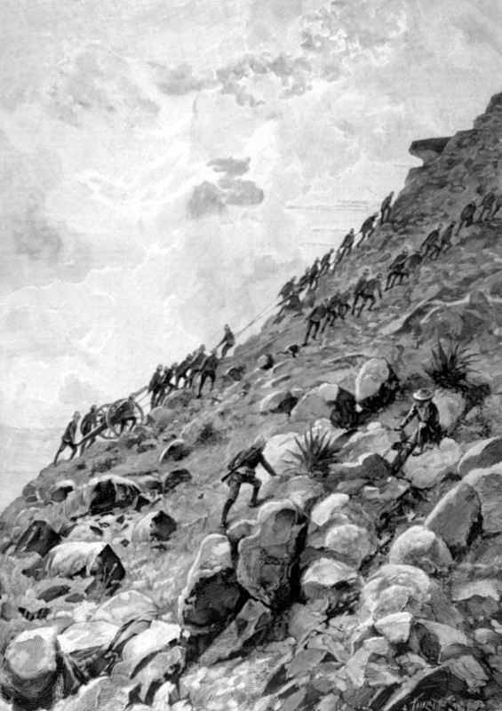 Guerre du Transvaal. Artilleurs anglais hissant des canons à Coleskop (1900)