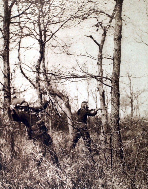 World War I. A dragoon on reconnaissance, photographed just as he is shot in the shoulder