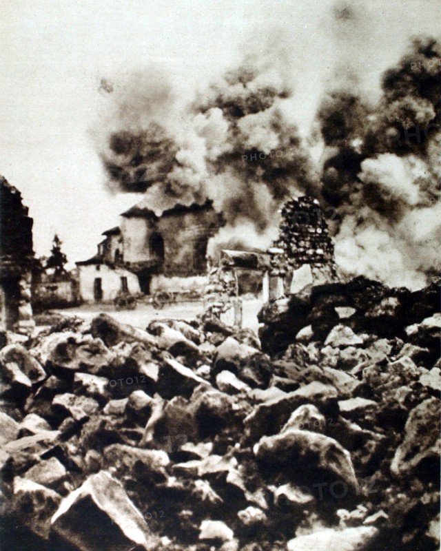 World War I. A German 210-mm shell falling on a church in the Meuse (1915)