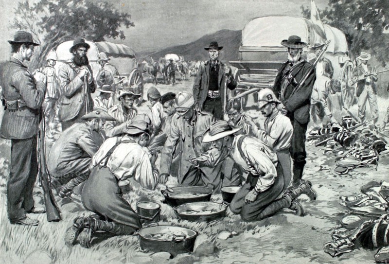 War of the Transvaal. English prisoners eating at a Boer camp  (1901)