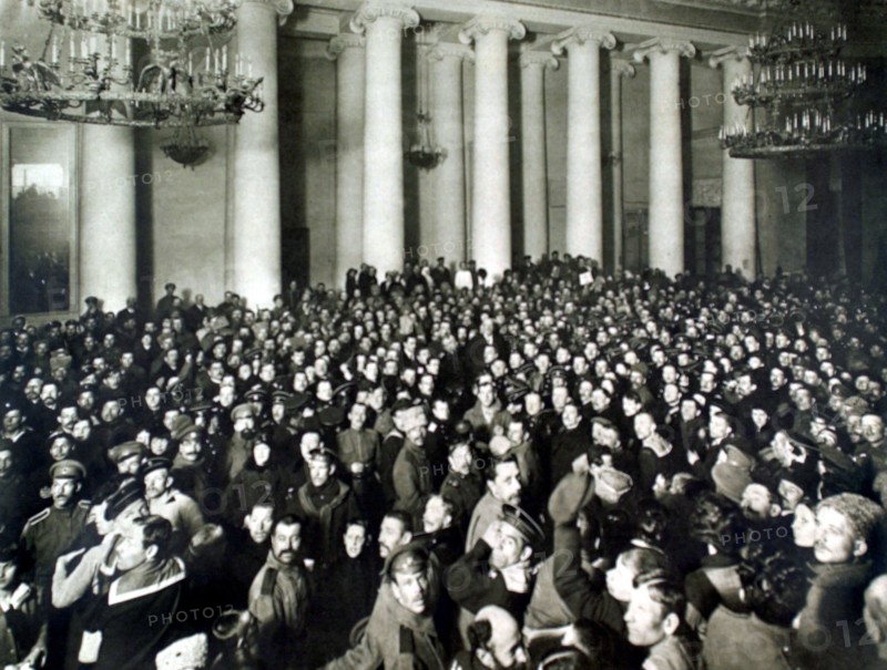 Russian Revolution of 1917. In Petrograd, in front ot the Tauride palace, soldiers and sailors listening to a speech by Mr. Rodzianko