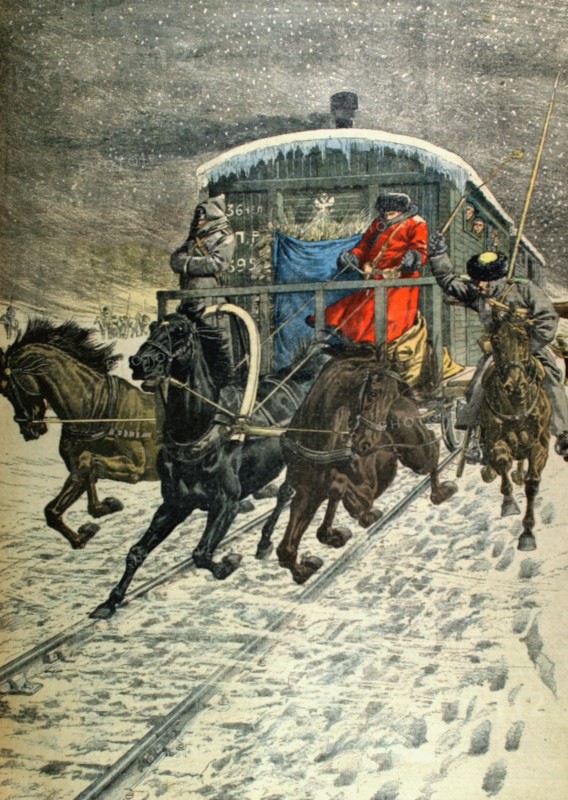Guerre russo-japonaise. Passage des wagons militaires sur le lac Baïkal du 20 mars 1904