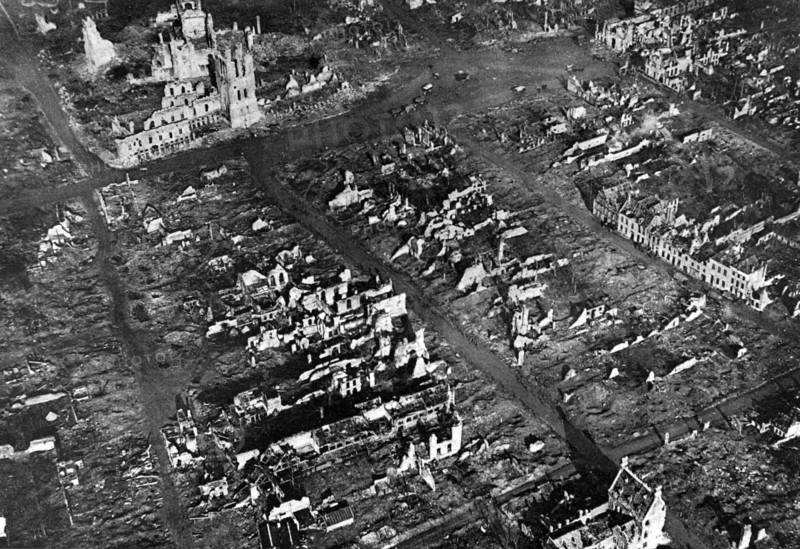 World War I. Aerial view of the city of Ypres in ruins (1918)