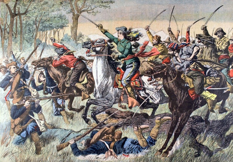 Une femme guerrière, la senora Clava Santos, se battant à la tête d'un corps d'insurgés (30 septembre 1906)