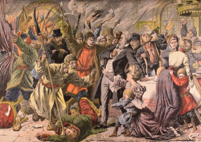 Revolting Russian peasants invading a castle (1905)