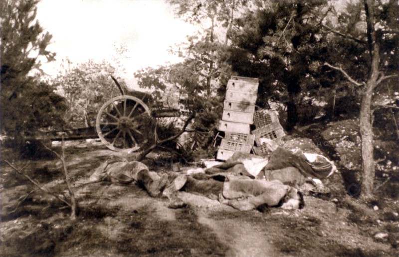 Artilleurs allemands tués à leur pièce, lors des combats au nord de Verdun. (15/18 décembre 1916)