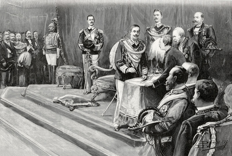 Le roi Victor-Emmanuel III signant à Rome la formule du serment (1900)