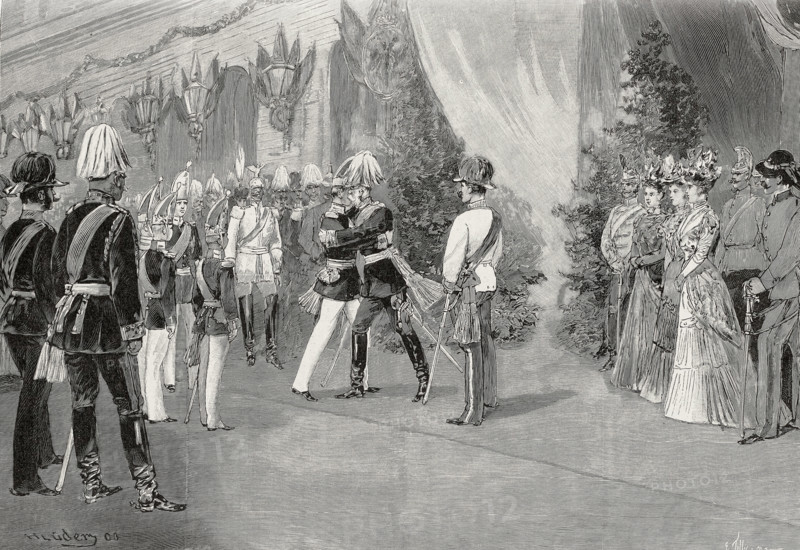 Arrivée de François-Joseph, empereur d'Autriche à la gare de Berlin, accueilli par Guillaume II et le prince impérial  (1900).